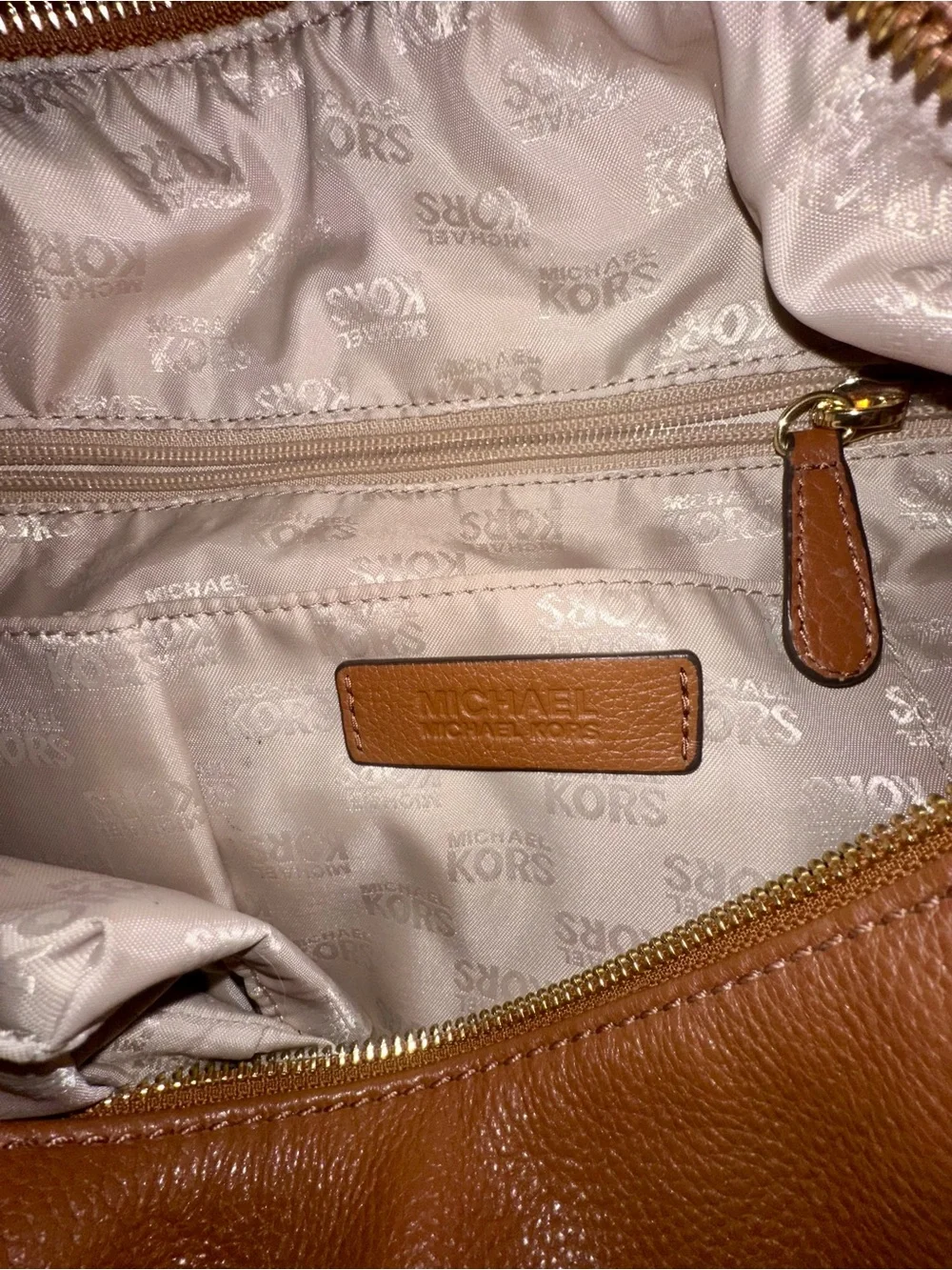 Michael Kors Cognac Leather Shoulder Bag with Gold MK Emblem